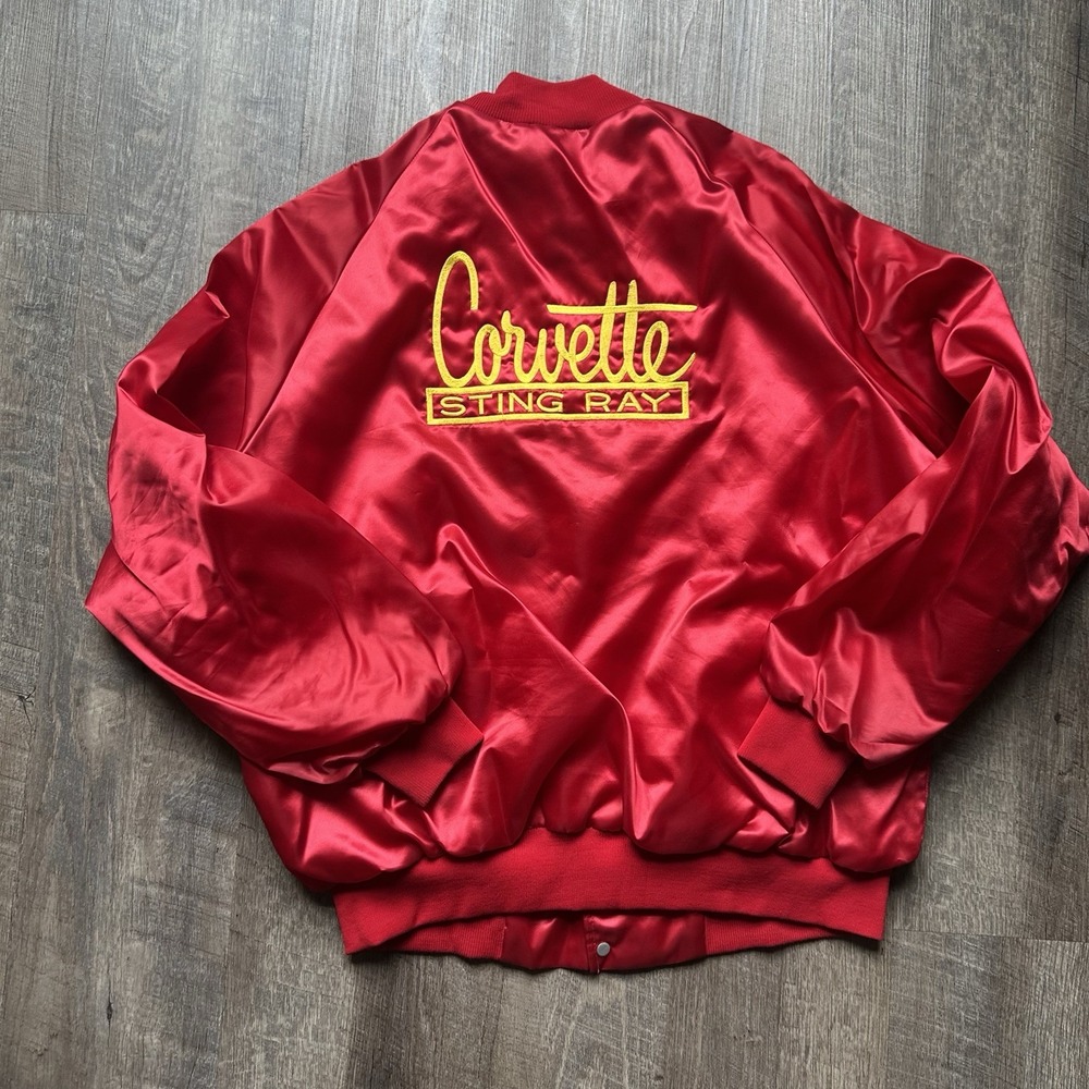 Vtg Corvette Stingray Satin Bomber Jacket Red Snap Button Embroidered Adult XL